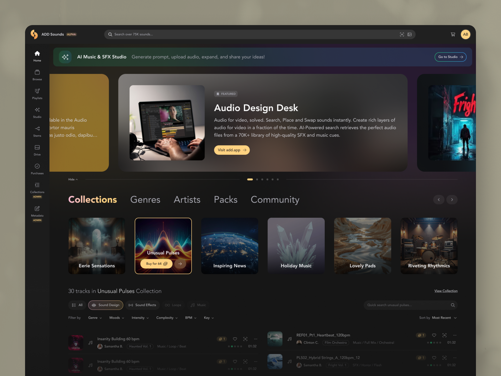 ADD Sounds - Audio Marketplace UI aiux audio design freelance fretzmx isolator marketplace musictech product design saasdesign sound design stems ui design user experience user interface ux desgn