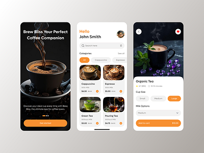 Brew Bliss – Smooth Coffee & Tea Ordering App UI applicationdesign cappuccino coffee coffee mobile app coffee shop dark theme delivery e commerce ecommerce food and drink ice mobile app product restaurant splash screen store tea ui