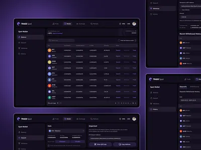 Crypto Wallet - TradeSpot balance clean crypto cryptocurrency currency dark dashboard deposit design finance history interface product trade trading ui ux wallet withdraw