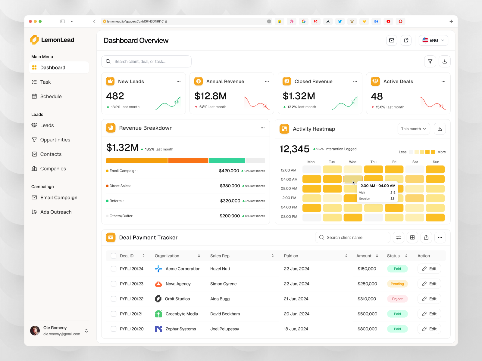 Lemonlead - CRM Dashboard analytics b2b campaign campaign tracking crm dashboard deal tracking digital marketing heatmap hubspot lead management leads marketing tool metrics card outreach tool pipeline management revenue tracking saas sales sales performance