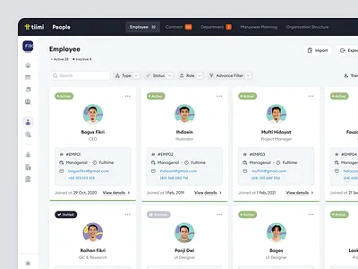 Tiimi – Employee Directory with Grid and List Views for SaaS HRM company dashboard employee hiring hr hrd hrm hrms human resources job organization management people management product design recruitment saas saas design staff management ui ux web design