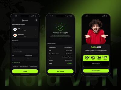 VPN App – Payment, Success & Subscription Promo app app design app interfaces best app design cybersecurity ui dark mode app figma ios app mobile app design mobile app u secure app ui ui design ui ux design vpn