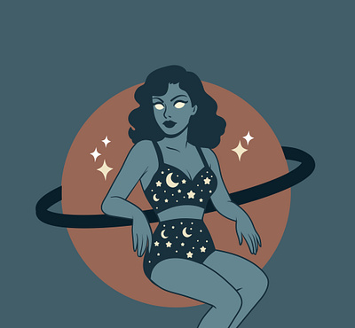 Cosmic Pin Up 60s alien bold comic cosmic flat design illustration moon mystical pin up planets poster retro round sky stars stylish universe vintage woman