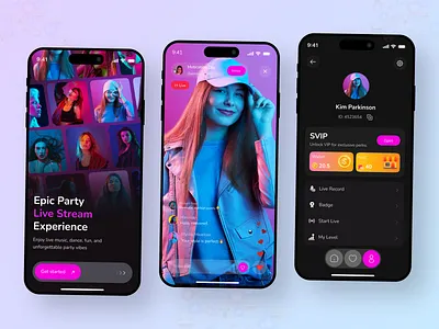 Live Streaming Mobile App UI/UX Design app design dark mood live streaming mobile app onboarding party app reels mobile app shorts social media app social network stories app streaming app web 3 mobile app