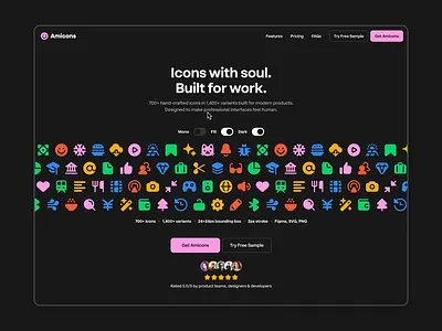 Amicons has (finally) a new website! animation dark mode framer friendly graphic design icon set icons jitter pink product video web webdesign website