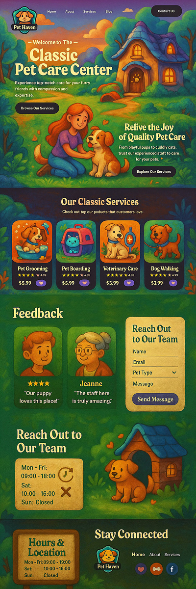 Pet Haven – Whimsical UI Design for a Pet Care Center 3d animation branding graphic design motion graphics ui