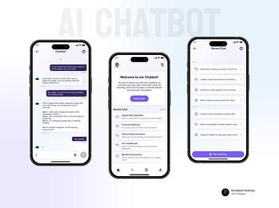 AI ChatBot – Modern Conversational App UI app design app flow artistic rishi bot bot reply chat screen chatbot chatting app design home screen mobile app prototype recent chat rishikesh malviya text box ui ui animation ui design user flow ux design