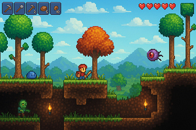 2D Pixel Sandbox Adventure Game Art 2d 3d animation app branding design game game design gaming graphic design illustration logo motion graphics pixel sprite typography ui ux vector