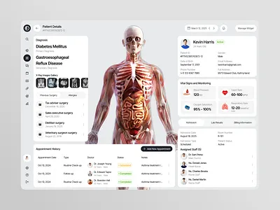 MediTrack Patient Details Dashboard Page app chart clean data design details fireart health monitor overview patient ui ux xray