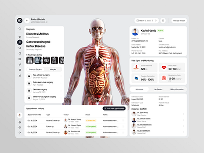 MediTrack Patient Details Dashboard Page app chart clean data design details fireart health monitor overview patient ui ux xray