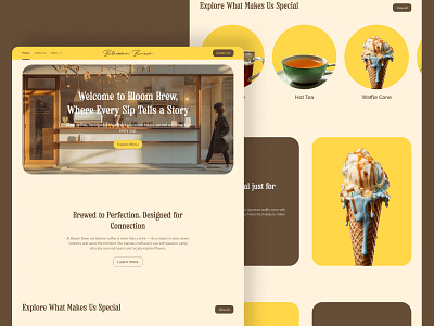 Blossom Brew - Cafe Website brown cafe cafedesign dribbbleportfolio food graphic design interface responsivewebdesign ui uidesign userexperience uxdesign web design website yellow