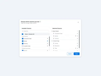Custom Column Selector – UI Component component design custom column custom field data dashboard datadashboard figma design interaction design table ui ux design
