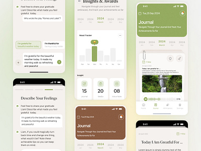 Journaling & Mood Tracking UI Kit dark theme diary app journaling app light theme mental health mobile app ui kit vintage wellness app