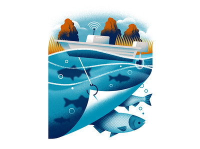 Nature Conservancy Magazine boat daniele simonelli dsgn editorial illustration fish fishing illustration river texture unveiling vector