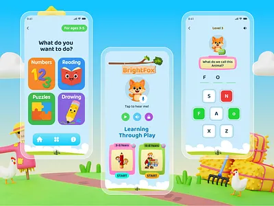 BrightFox – Learn & Play App for Kids child friendly design colorful interface drawing for kids early education edtech educational app ui friendly ux gamified learning interactive learning kids app design kids character app kids learning app learning app ui learning through play mobile app ui phonics app playful ui preschool app puzzle games for kids rounded ui