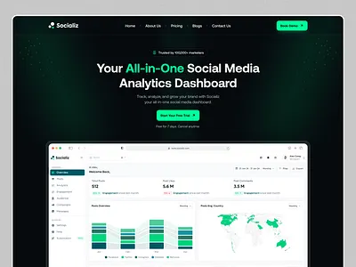 Social Media Analytics SaaS – Landing Page Design🙌 analyticsplatform darkui dashboarddesign designinspiration figma expert landingpagedesign marketingtools saasdesign socialmediaanalytics ui design uiuxdesign ux design websitedesign websitelayout webui
