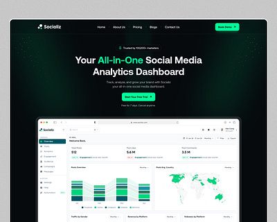 Social Media Analytics SaaS – Landing Page Design🙌 analyticsplatform darkui dashboarddesign designinspiration figma expert landingpagedesign marketingtools saasdesign socialmediaanalytics ui design uiuxdesign ux design websitedesign websitelayout webui