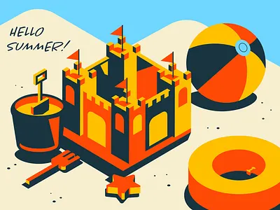 Hello Summer! beach beach ball bucket isometric sand sand castle summer warm