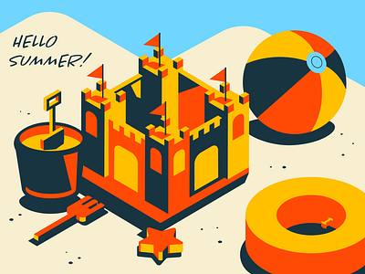 Hello Summer! beach beach ball bucket isometric sand sand castle summer warm