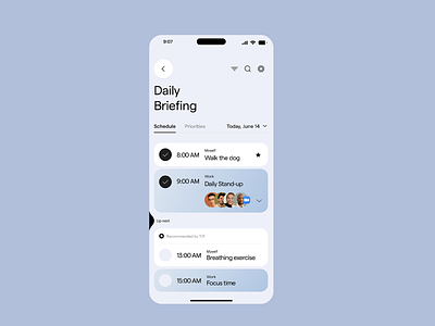 Daily Briefing Mobile Agenda App app app design app features application application design blue clean clean ui daily briefing daily briefing app design light colors minimalist modern ui user experience user interface uxui