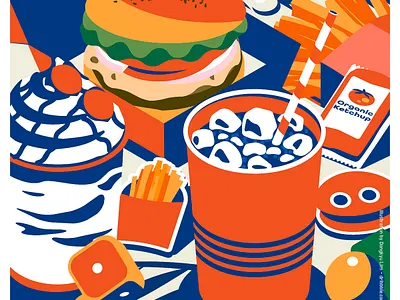 It's bold snack time 90s bold color fastfood hamgurger illustration isometric retro snacktime