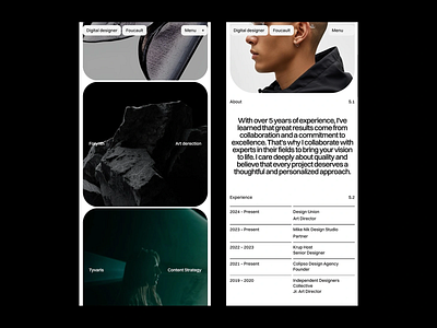 Digital Designer Portfolio art direction career timeline case study clean interface designer showcase digital identity layout inspiration minimal design mobile portfolio modern resume personal branding portfolio website profile interface project gallery rounded cards sleek layout subtle animation ui design ux concept ux design