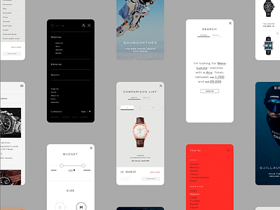 Watch Ecommerce Interface Design clean layout ecommerce interactive elements interface design interface patterns mobile commerce mobile experience price range product comparison product filter responsive design smart search typography ui design user journey ux design ux interface watch watch shopping