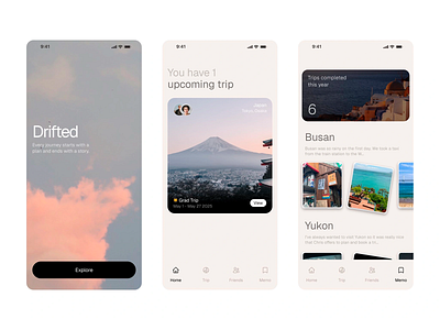 Soft Journey Planner Interface calming design clean layout elegant design intuitive navigation memory tracking mobile experience mobile interface personal trips planner interface serene visuals soft journey travel app travel journal travel ux trip planner ui ui design ux concept ux design visual journey