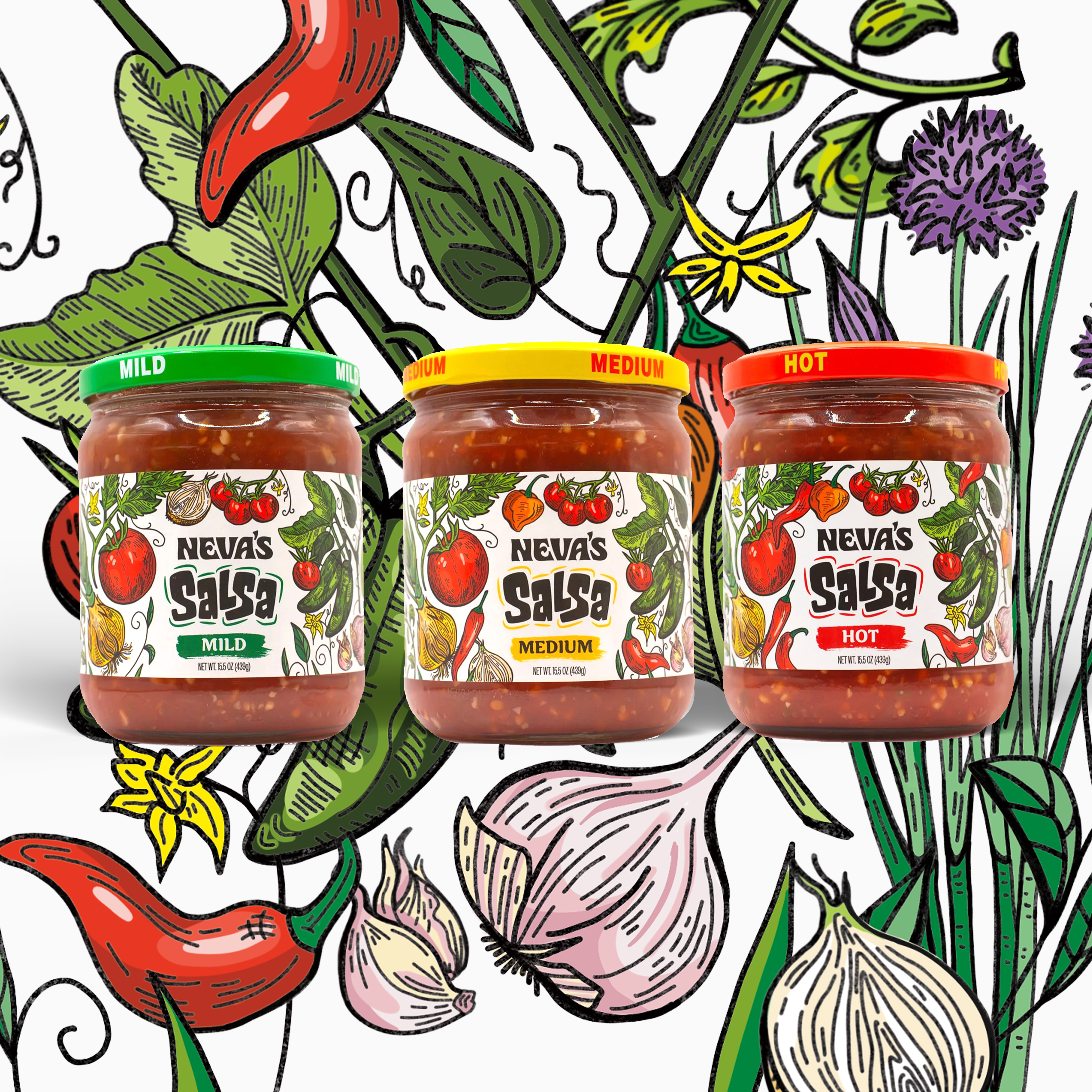 Salsa Jar Labels branding branding design drawing food food packaging hand drawn illustration illustration art jar label label art label design label illustration packaging packaging art packaging design packaging illustration salsa vegetables veggies