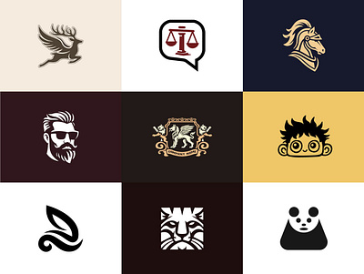 Logos available for sale beard boy branding cute deer graphic design horse illustration lion logo man message panda rabbit scales vector