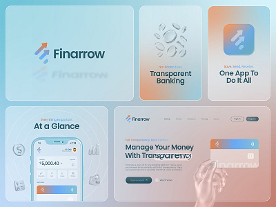 Finarrow Logo & Branding - Banking, Fintech, Credit Card, App UI app bank banking brand identity branding credit card debit design trends 2026 finance fintech glassmorphism growth liquid glass logo money payment startup ui wallet website