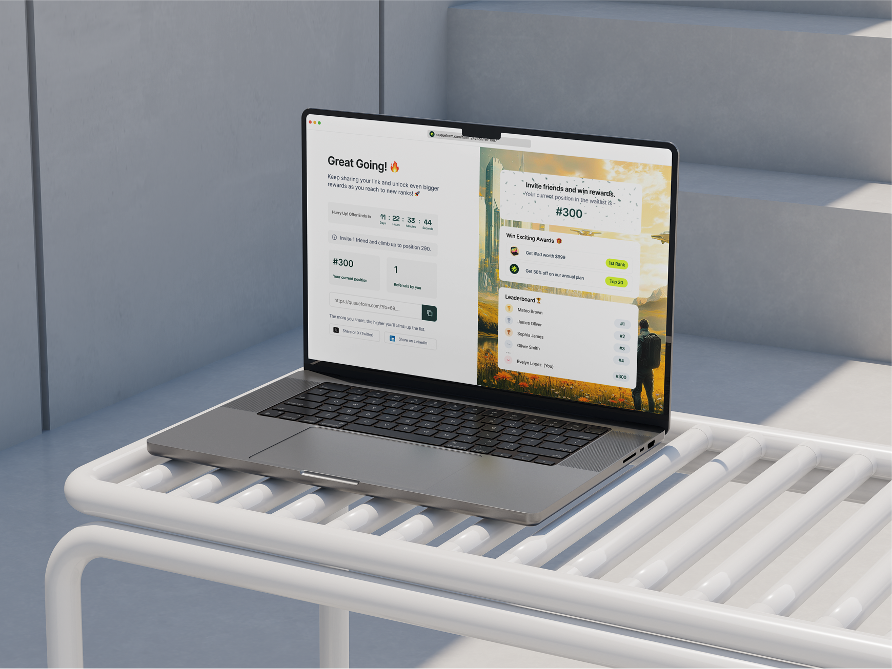 Viral Waitlist UI Design for Form Builder SaaS design form builder leaderboard material design queueform viral app waitist web app