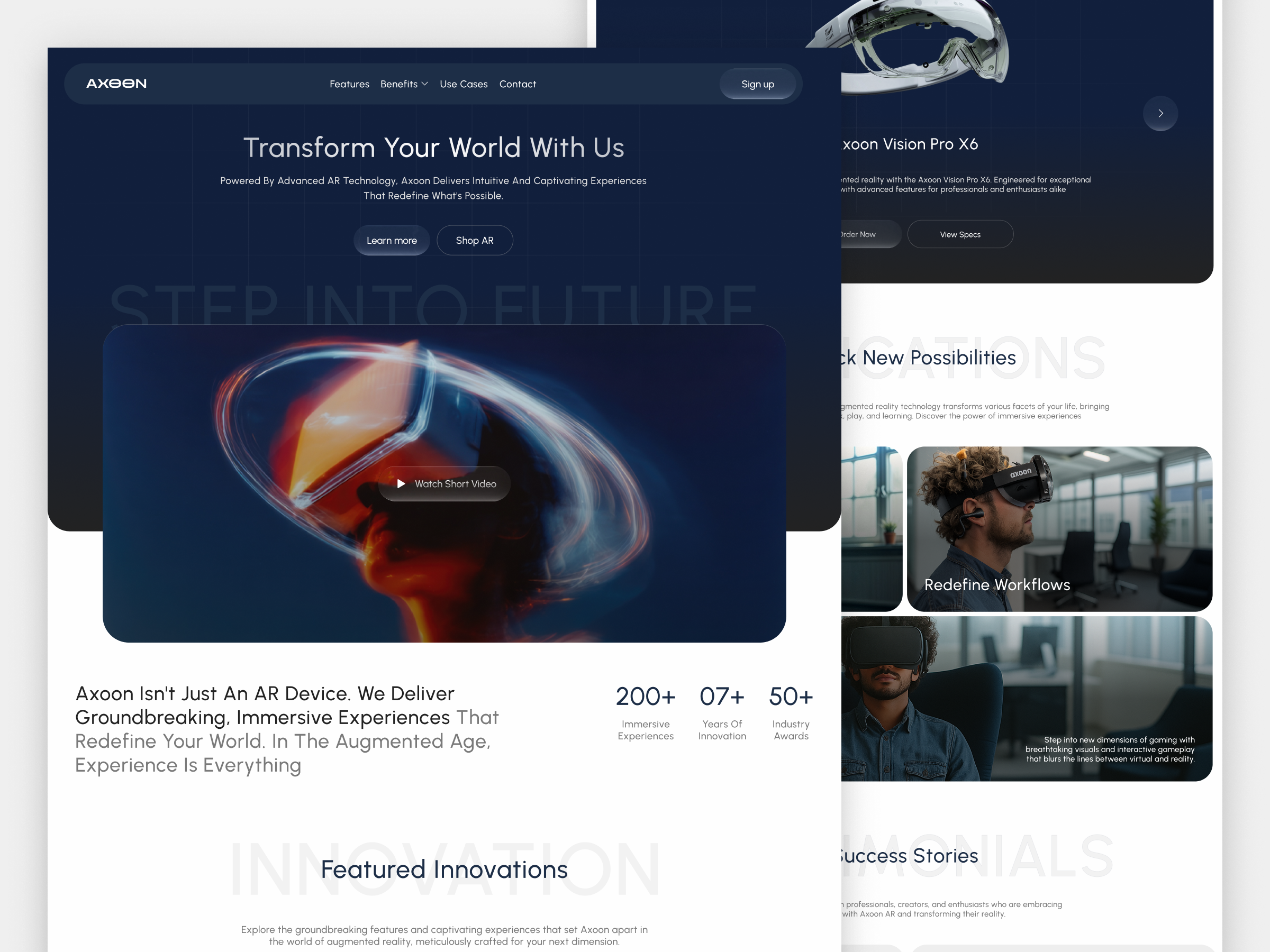 Axoon - Immersive AR Landing Page animation apple design ar augmented augmented reality augmentedreality glassmorphism landing page liquid glass oculus reality spatial ui tech technology ui virtual reality vr web design webdesign website