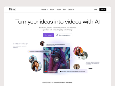 AI Video Generator Website ai aiinmotion aiproductui aiux aivideo aiwebsite cleanui creativeai landing page landingpageui producthuntready saasdesign startupdesign techlandingpage videoeditingai videogenerator website design