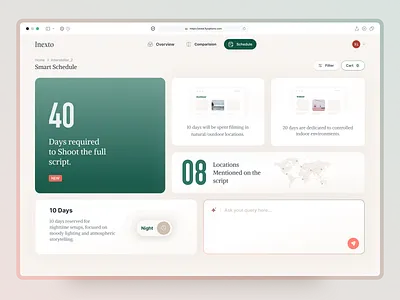 Inexto – AI-Powered Script Decoding & Production Scheduling Plat ai bento branding cards cart cinema dashboard ecommerce film graphic design grid landing page movie production schedule script smarlist ui ux wireframe