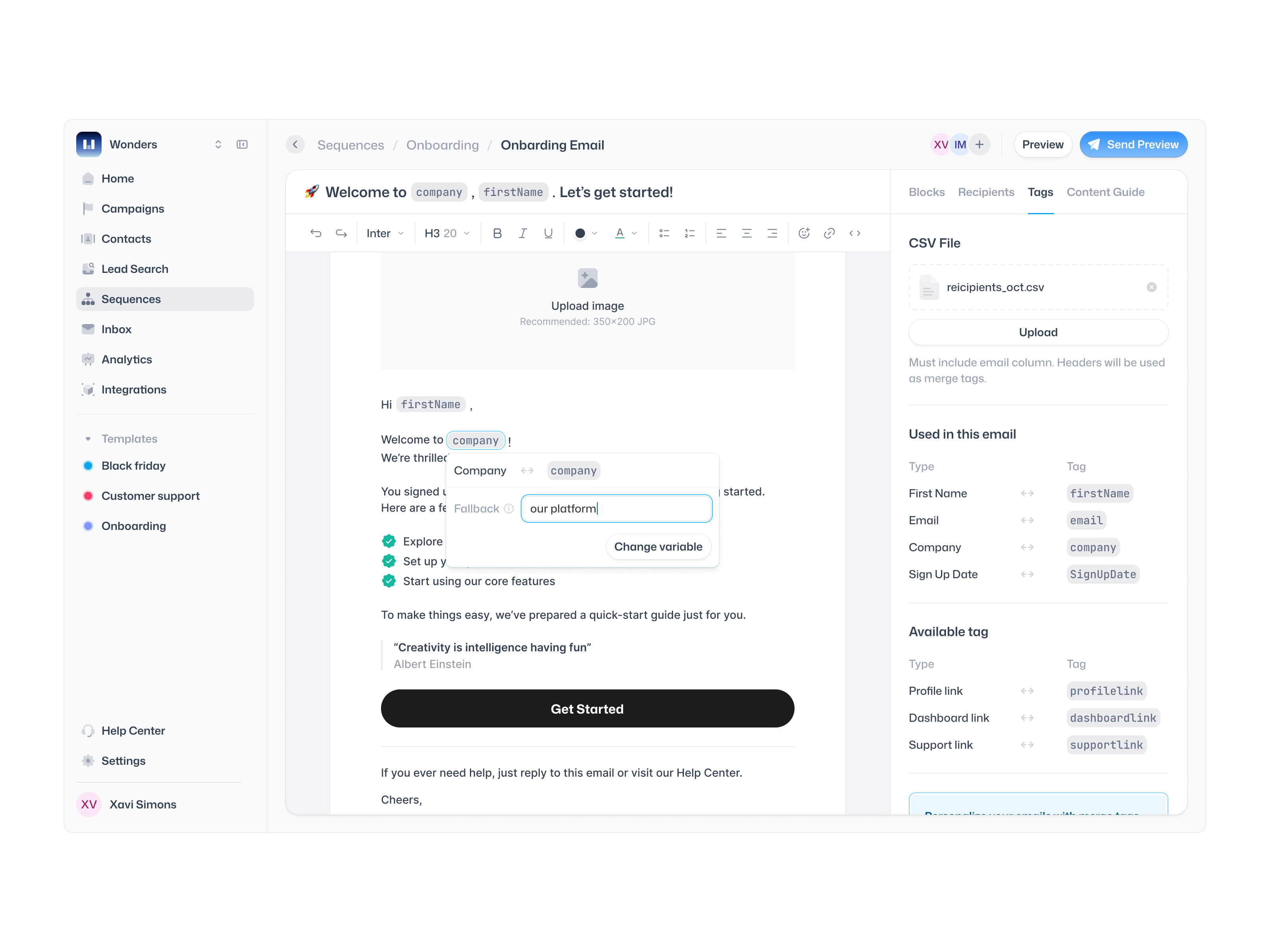 Example of Email Builder Tags