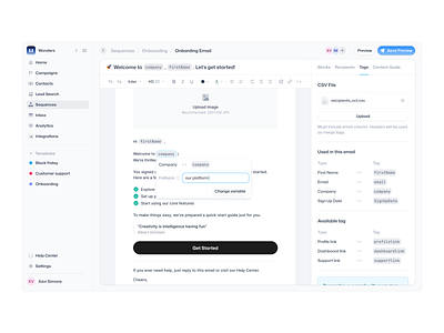 Email Builder Tags blocks campaign csv dashboard email email builder email templates mail mass personalization merge tags morva morvalabs product design saas saas dashboard tags ui