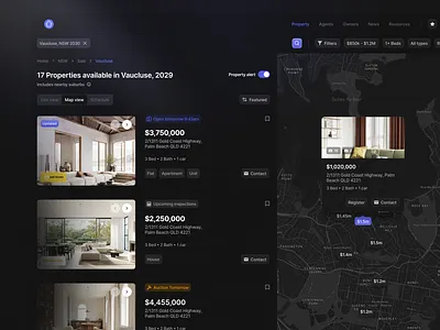 Dark Mode Real Estate analytics clean design details housing interface manage map minimal product property real estate saas search settings ui ui design ux ux design