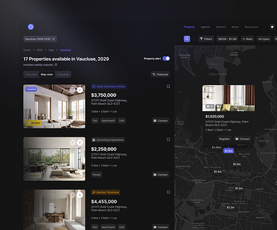 Dark Mode Real Estate analytics clean design details housing interface manage map minimal product property real estate saas search settings ui ui design ux ux design