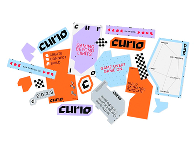 Curio Interactive Brand Toolkit brand system campaign visuals colorful palette creative layout digital branding energetic graphics futuristic vibe gaming identity innovative branding interactive visuals modern design modular branding playful style startup aesthetic sticker system tech design typography ui branding visual identity youth culture