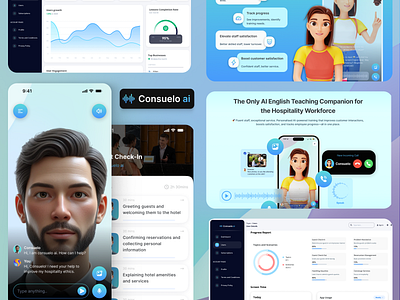 Consuelo AI - Conversational English Learning for Hospitality. admin portal ai avatar education figma framer hospitality learning mobile app ui ux voice assistant website