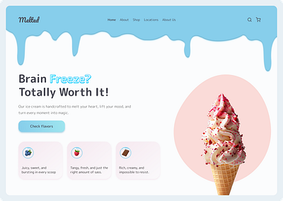 Ice Cream Website UI blue color button design card design figma flat design hero section icecream landing page light colors soft design ui uiux ux website website design