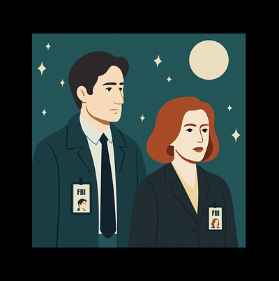 Mulder + Scully 90s aliens cute david duchovny gillian anderson graphic design illustration magic movies mulder night ovni pop culture poster scully tv shows ufo universe x files