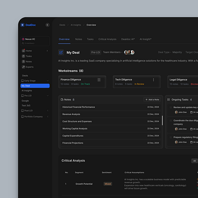 Product Design for DealDoc's Investment Workspace dark theme dashboard deal management desktop app finance investments product design saas ui user interface ux venture capital visual design web app