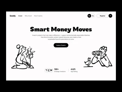 Seedly home page animation black design figma fintech fintech website handdrawn illustration illustration landing page money notion ui ux web web design web illustration website