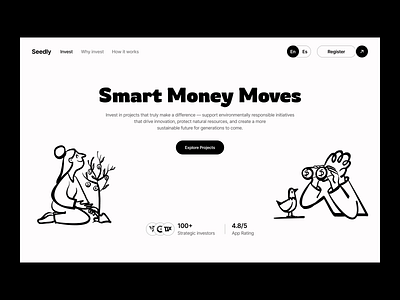 Seedly home page animation black design figma fintech fintech website handdrawn illustration illustration landing page money notion ui ux web web design web illustration website