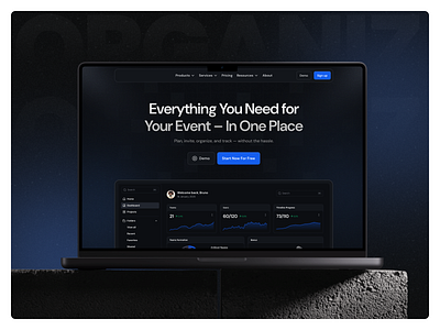 Landing page for event management app blue blur convert dark dash dashboard design event event menagment graphic design landing page minimal mockup motion graphics noise web design