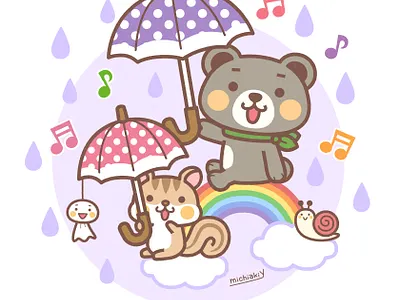 Bear & Chipmunk, Snails -Rainy Day adobeillustrator adobephotoshop animal bear character chipmunk cute illustration illustrator kawaii pop rain snails