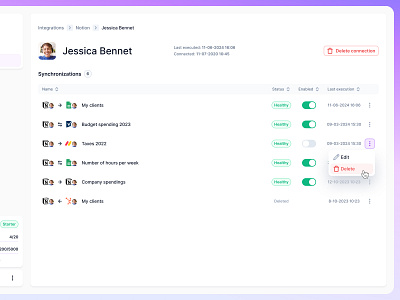 Notion integration. Connection page - resynced.io app automation connection dashboard google analytics google sheets hubspot integration interface list monday notion page smartsheet status sync synchronizations ui web white
