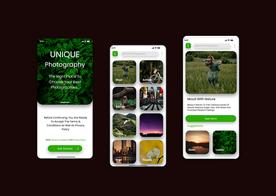 Discover the Art of Nature app design design green ui illustration minimal design mobile app mobile app design nature ui photo category app photo gallery app photography app responsive design ui ui design ui inspiration uiux design user experience user interface ux design visual explorer